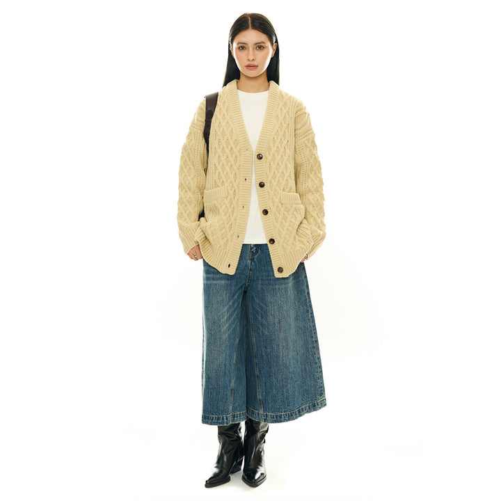 Ladies Oversize Knit Cardigan with Cable Pattern, Patch Pockets and Button Placket Mune Fashion