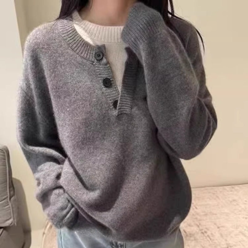 Women's Oversize Henley Sweater made of fluffy Mohair-look with button placket Mune Fashion