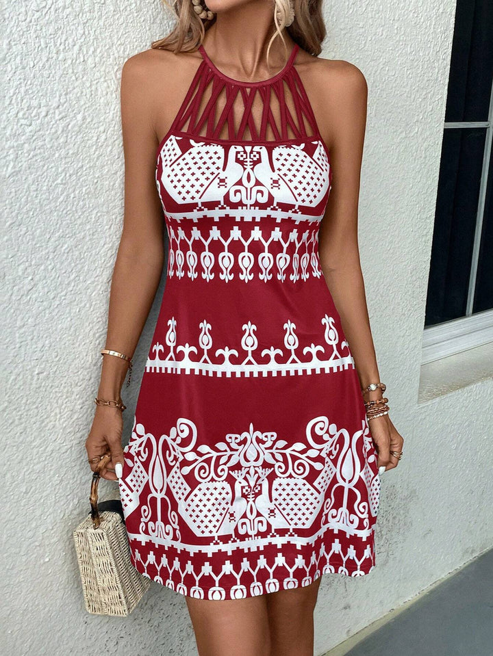 Women's Neckholder Dress with Ornamental Allover Print and Decorative Grid at the Neckline Mune Fashion