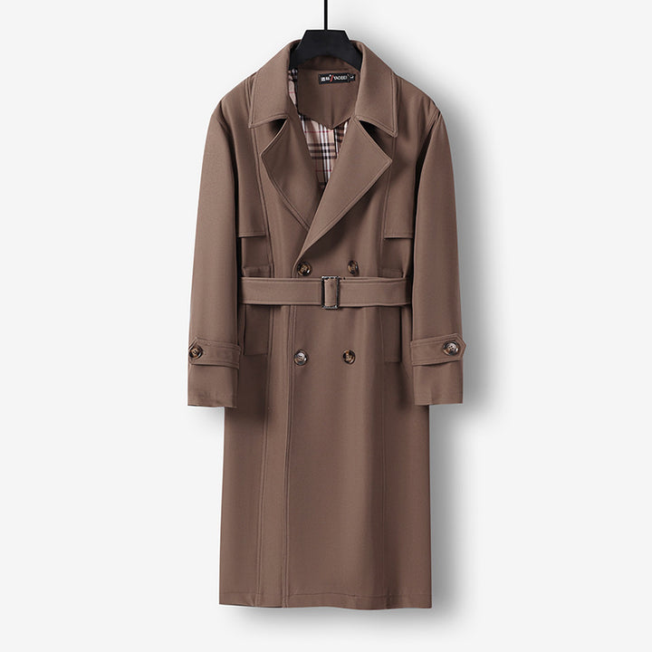 Men's Midi Length Double Breasted Trench Coat with Waist Belt, Notched Lapel and Checked Lining Mune Fashion