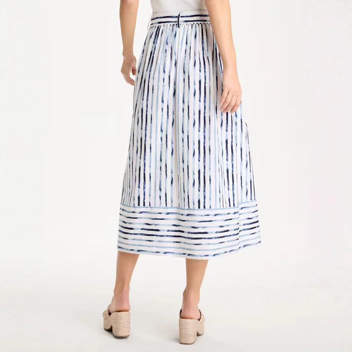 Ladies Striped Midi Skirt with Button Placket, Tied Belt and A-Line Cut Mune Fashion