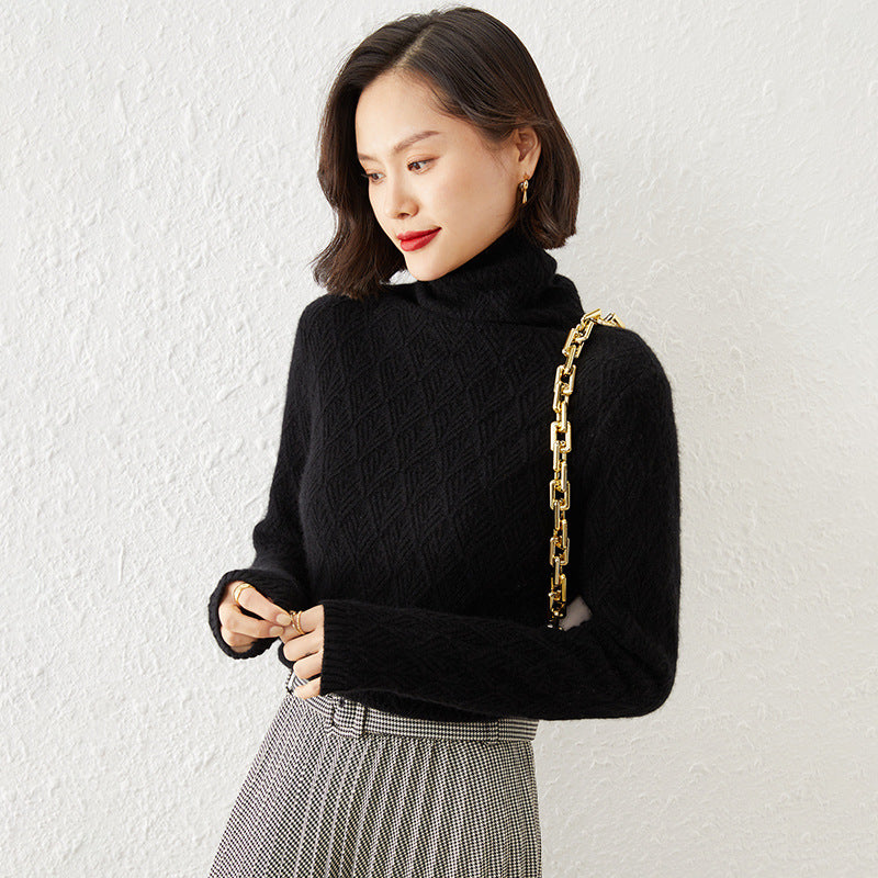 Ladies Luxurious Mohair-Mix Turtleneck Sweater with Diamond Pattern Mune Fashion Openwork Structure Mune Fashion