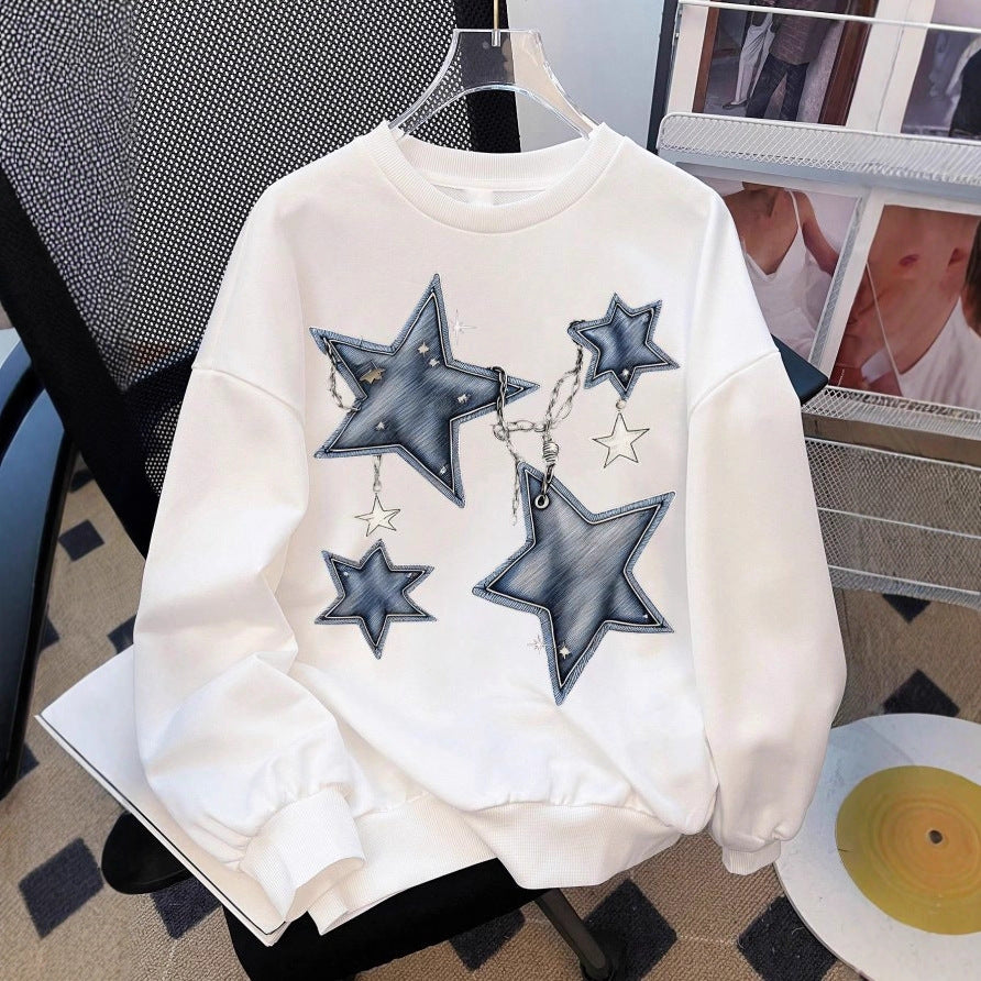 Ladies oversized casual sweatshirt with embroidered star appliqués in denim look and ribbed hem Mune Fashion