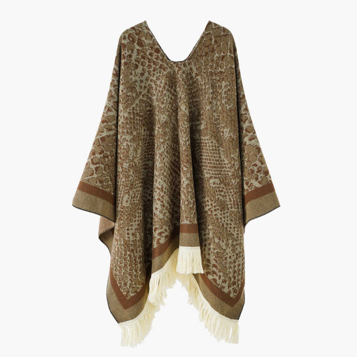 Women's Jacquard Poncho with V-Neck, Animal Print and Fringed Hem Mune Fashion