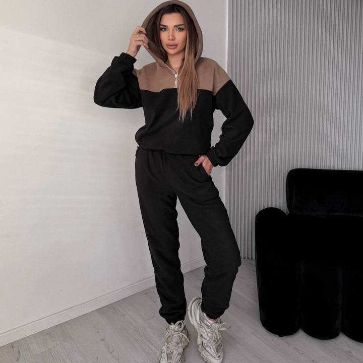 Women Two-Piece Color Block Loungewear Set with Half Zipper and Slim Jogging Pants Mune Fashion