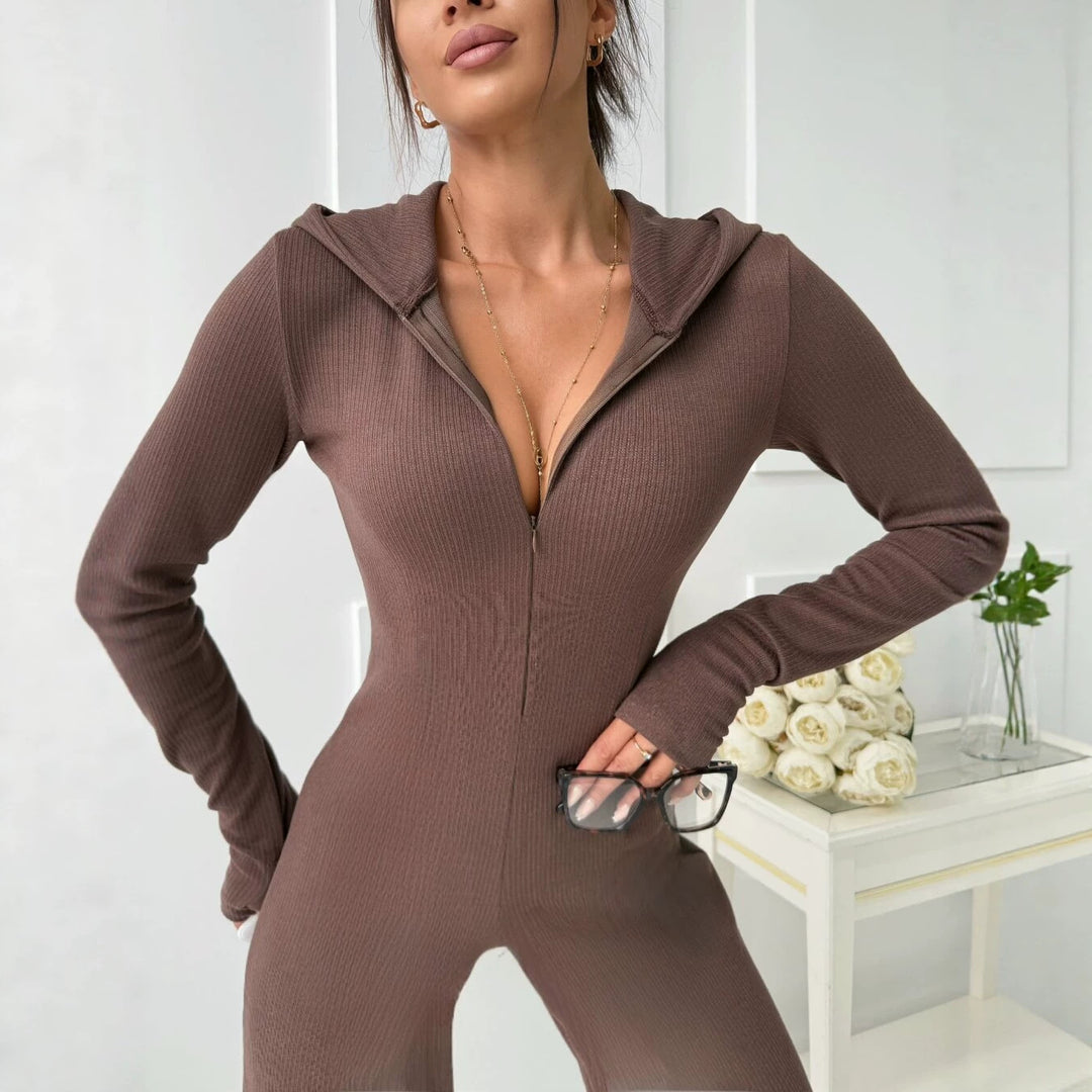 Women’s Ribbed Jumpsuit with Hood and Front Zipper Mune Fashion