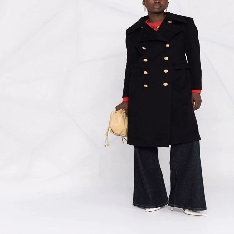 Women Tailored Double-Breasted Coat in Marine Style with Golden Decorative Buttons and Flap Pockets Mune Fashion