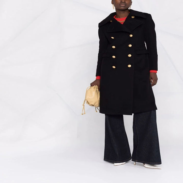 Women Tailored Double-Breasted Coat in Marine Style with Golden Decorative Buttons and Flap Pockets Mune Fashion