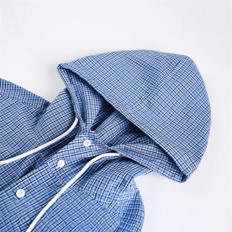 Unisex hooded overshirt in checked longline cut with flap pockets and snap button placket Mune Fashion