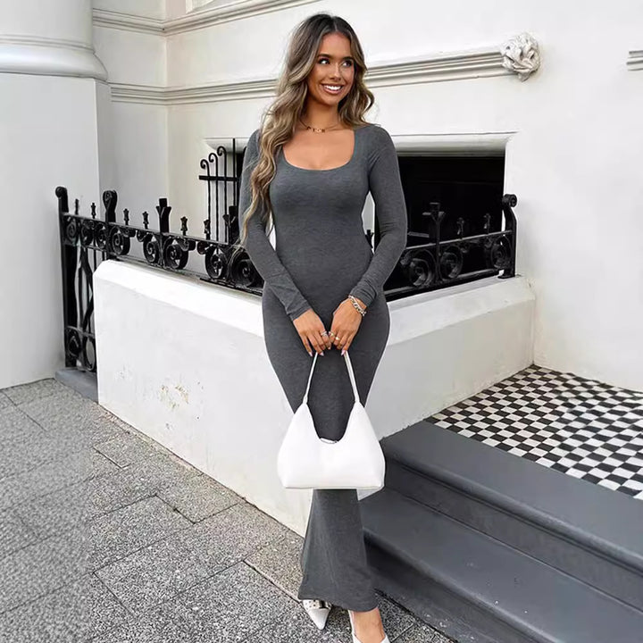 Damen Figurbetontes Stretch-Jerseykleid mit tiefem U-Boot-Ausschnitt und langen Ärmeln Mune Fashion