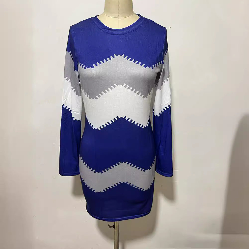 Women's long sleeve knit dress with chevron pattern, straight hem, and body-flattering fit Mune Fashion