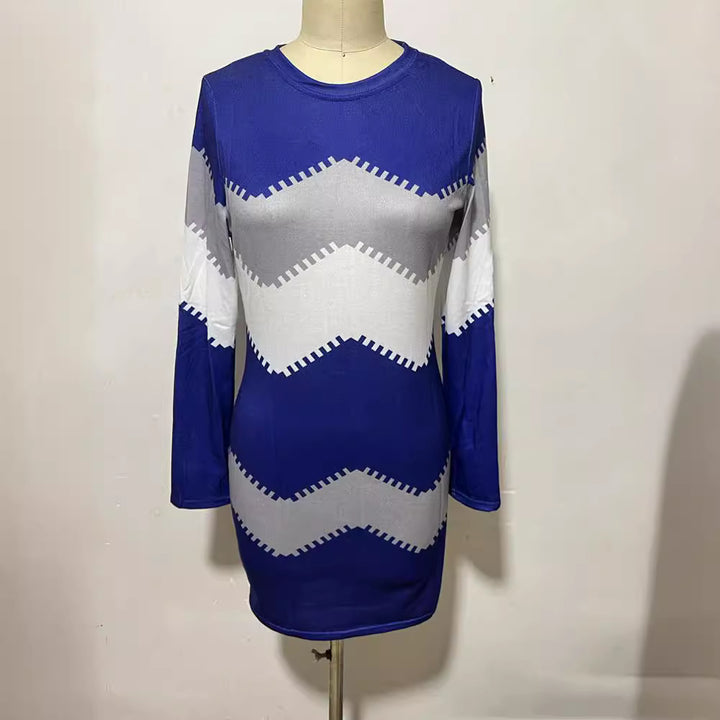 Women's long sleeve knit dress with chevron pattern, straight hem, and body-flattering fit Mune Fashion