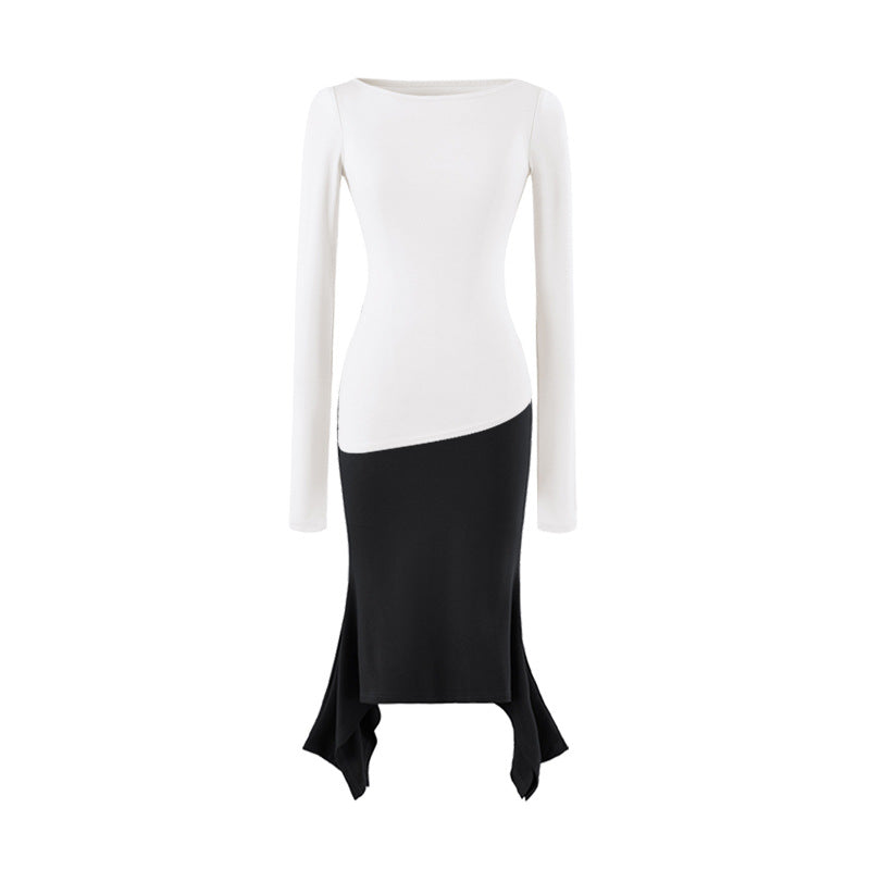 Women Figure-Hugging Midi Dress with Asymmetrical Hem and Panel Design Mune Fashion