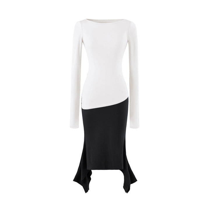 Women Figure-Hugging Midi Dress with Asymmetrical Hem and Panel Design Mune Fashion