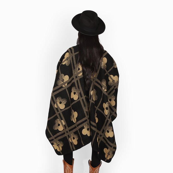 Women Coarse Woven Blanket Poncho in Ruana Cut with Floral Check Jacquard Mune Fashion