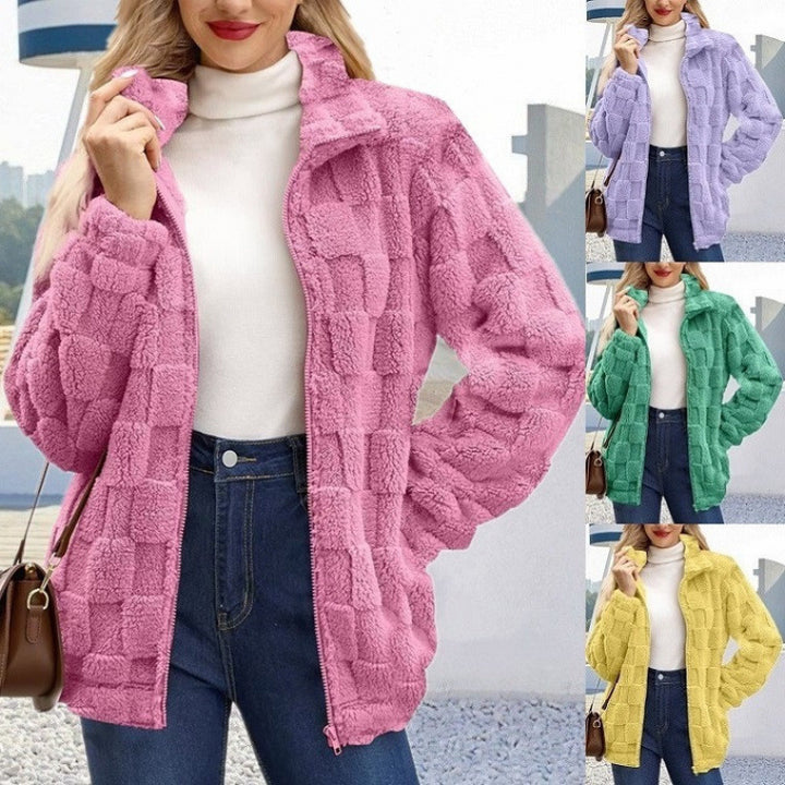 Women's teddy jacket with check structure, stand-up collar and zipper Mune Fashion