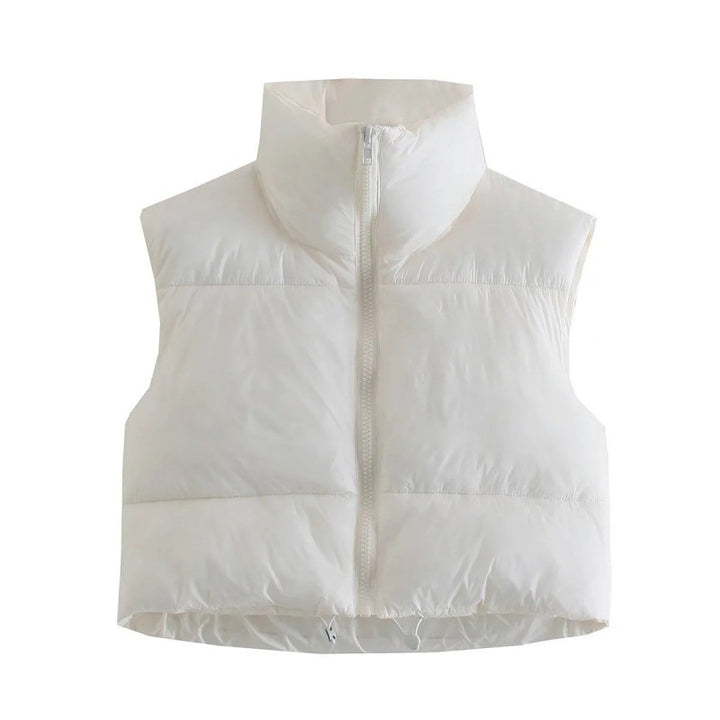 Women's short quilted vest with high stand-up collar, padded thermal filling, and adjustable drawstring hem Mune Fashion