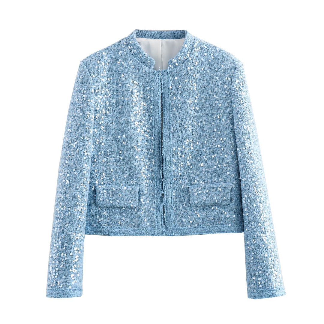 Women Short Cropped Boucle Tweed Jacket with Sequin Trim and Flap Pockets Mune Fashion