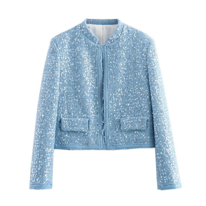 Women Short Cropped Boucle Tweed Jacket with Sequin Trim and Flap Pockets Mune Fashion