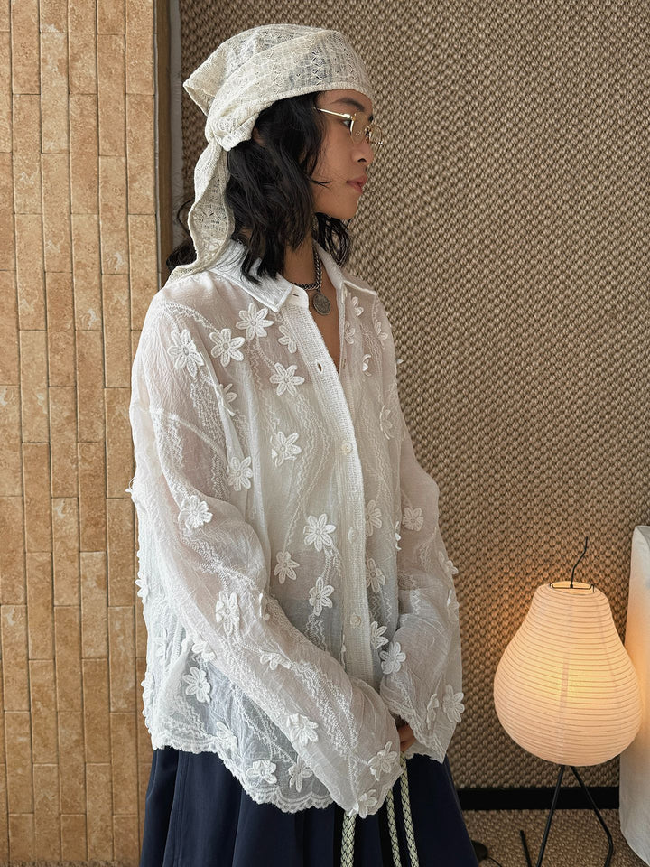 Women's Transparent Blouse with 3D Flower Embroidery, Shirt Collar and Button Placket Mune Fashion