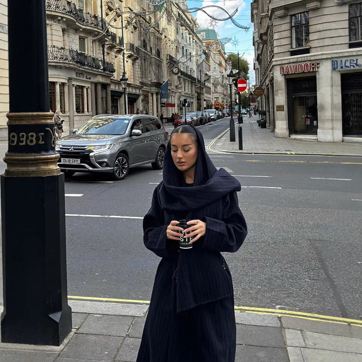 Women Tailored Pinstripe Coat with Ties and Wide Maxi Skirt Mune Fashion