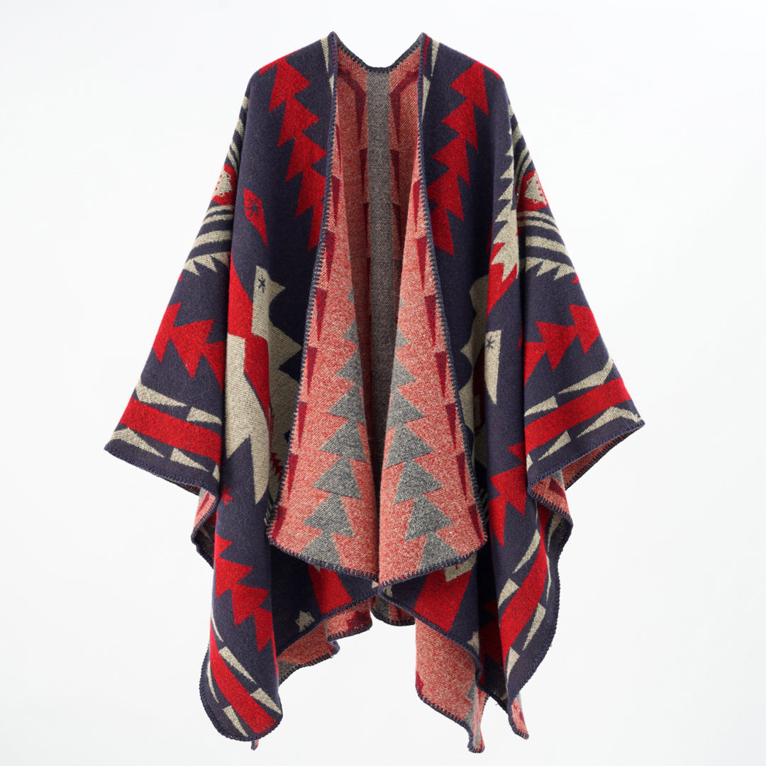 Women's wool blend cape with graphic ethnic pattern and decorative overlock seam Mune Fashion