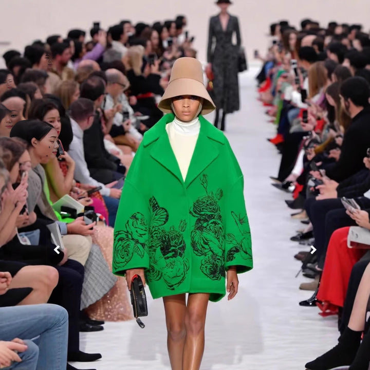 Ladies Oversized Wool Blend Coat with Floral Print and Embroidery Look Mune Fashion
