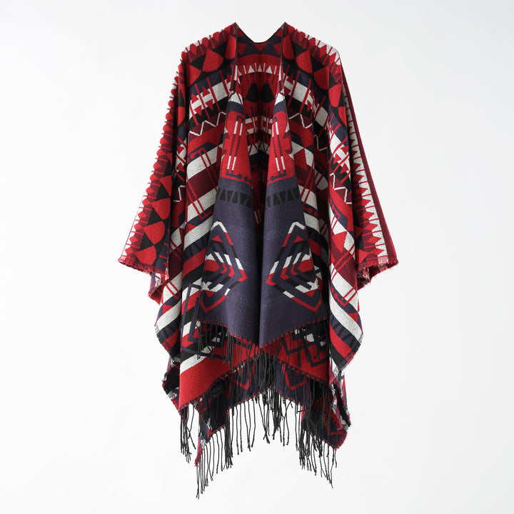Women's Geometric Patterned Wool Blend Poncho with Point and Fringes Mune Fashion