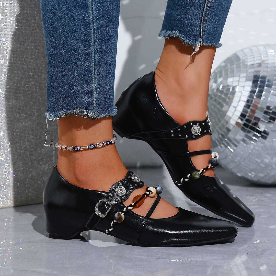Women's pointed ballerina slippers with double decorative strap and adjustable metal buckle Mune Fashion