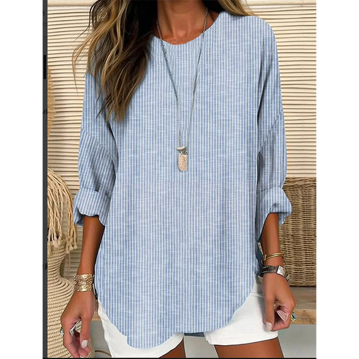 Women Casual Linen Look Long Blouse with Fine Stripes Mune Fashion