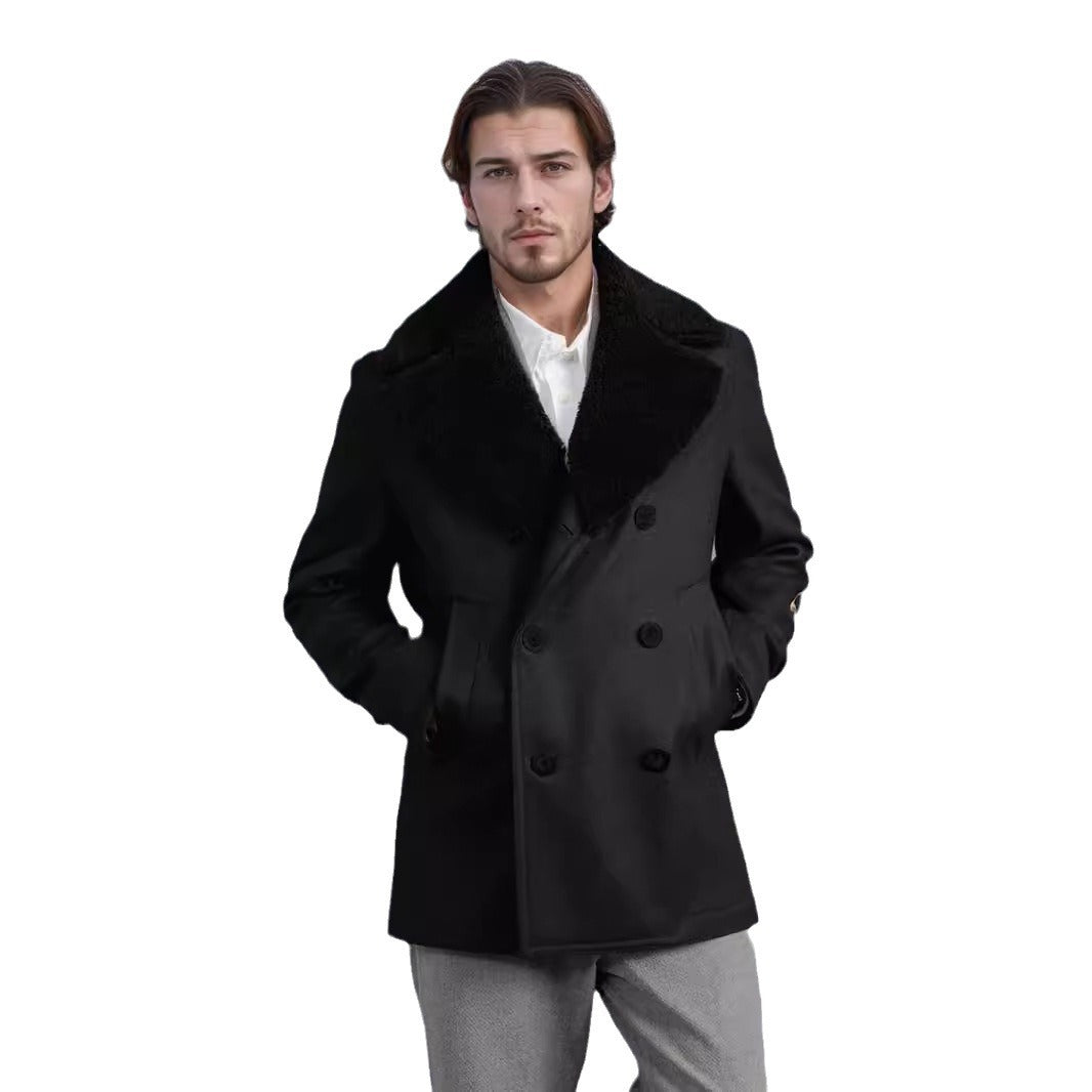 Men's double-breasted short coat made of wool blend with large teddy collar Mune Fashion
