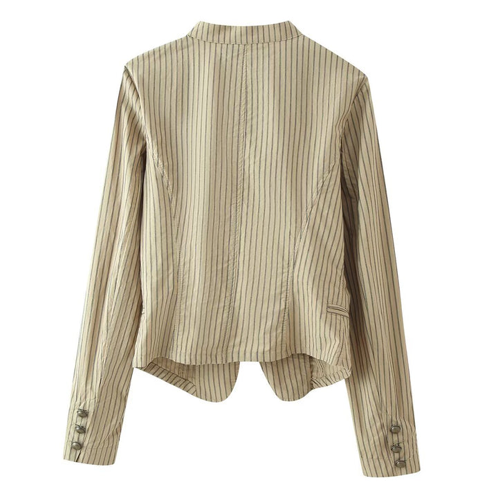 Women Asymmetrical Pinstripe Blazer Jacket with Stand Collar and Overlapping Front Mune Fashion