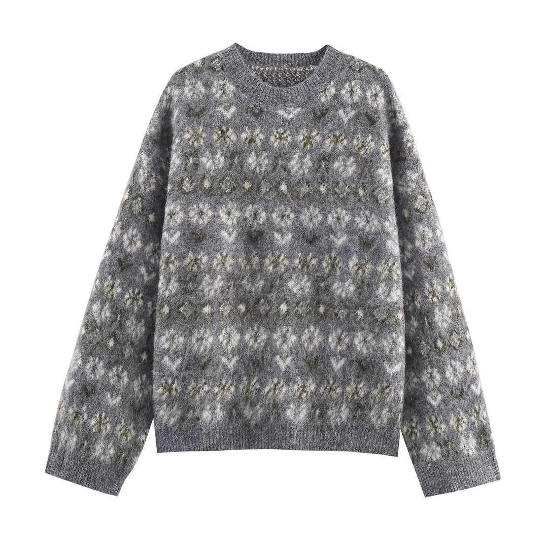 Women Oversize Jacquard Sweater made of soft Mohair mix with round neck Mune Fashion