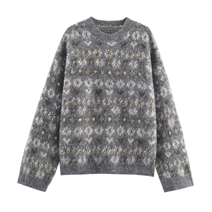 Women Oversize Jacquard Sweater made of soft Mohair mix with round neck Mune Fashion