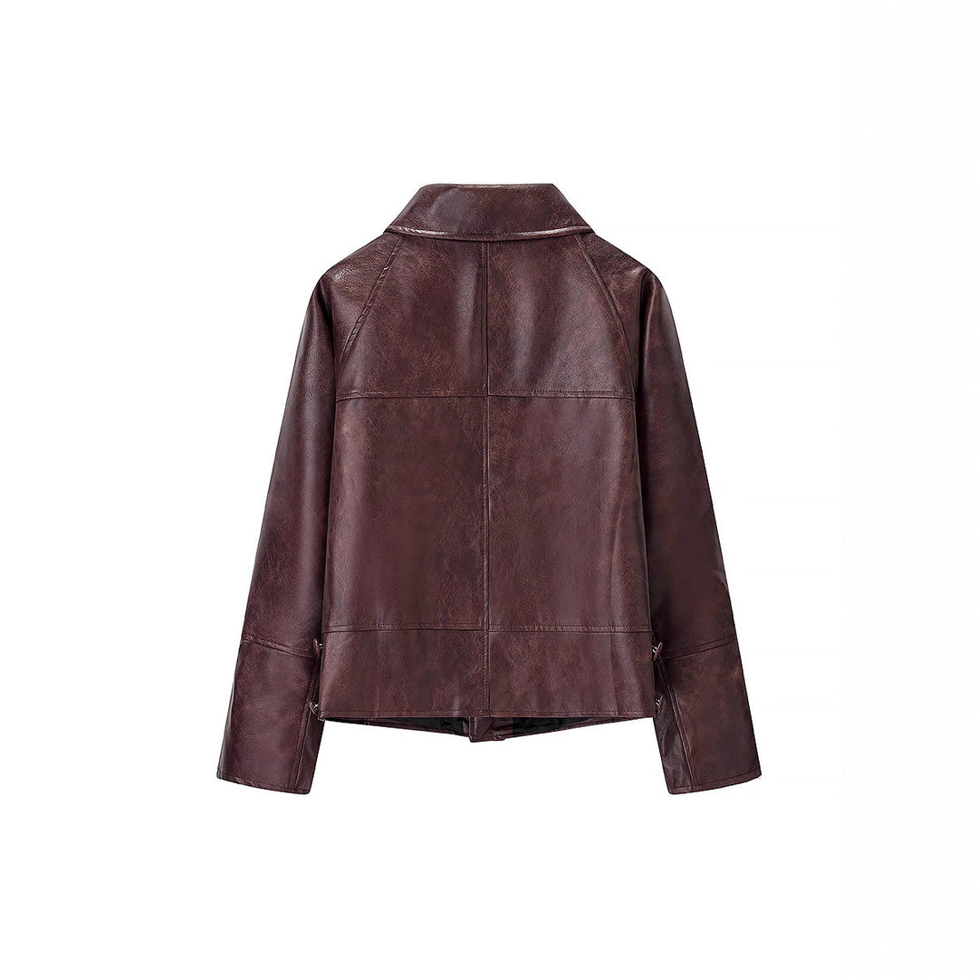 Women Short Boxy Faux Leather Blouson with Geometric Stitch Details and Shirt Collar Mune Fashion