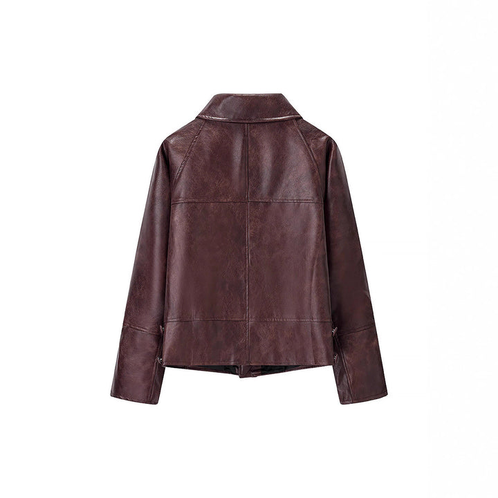 Women Short Boxy Faux Leather Blouson with Geometric Stitch Details and Shirt Collar Mune Fashion
