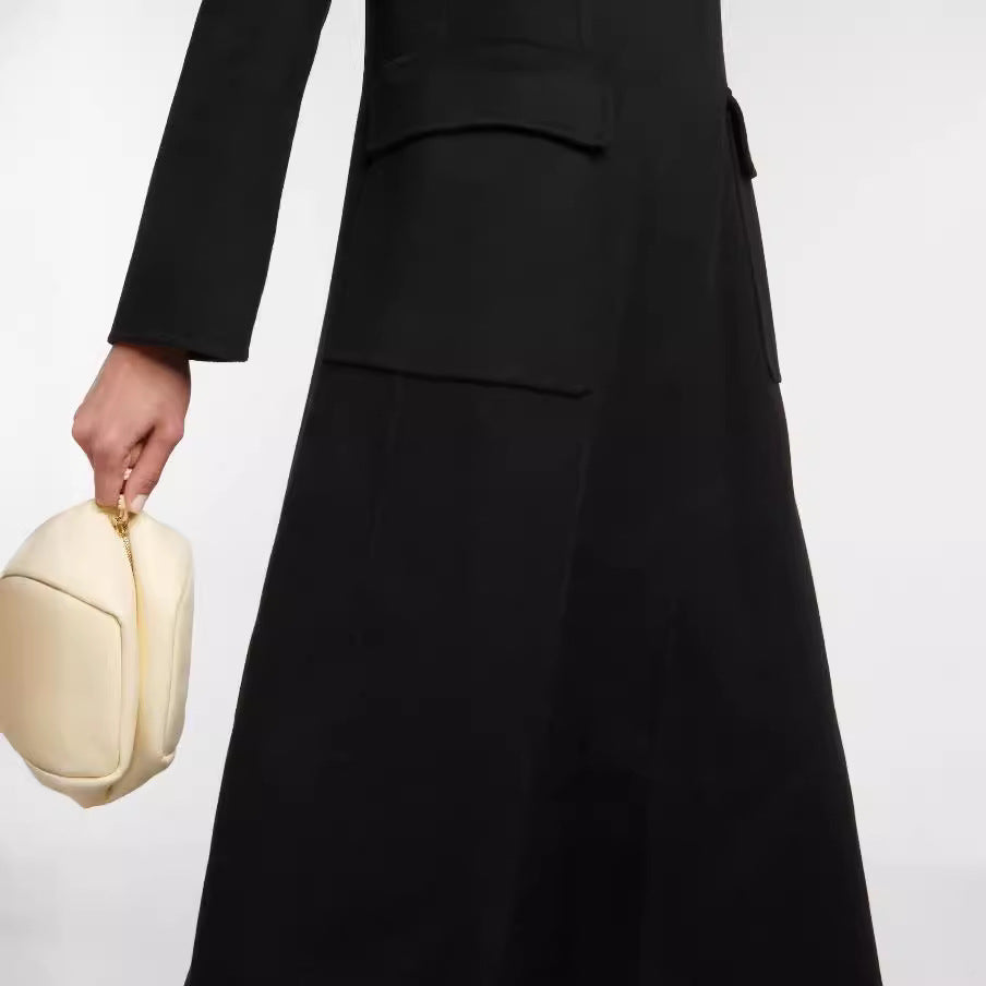 Women's Maxi Long Single-Breasted Blazer Coat with Clean Fall and Flap Pockets Mune Fashion