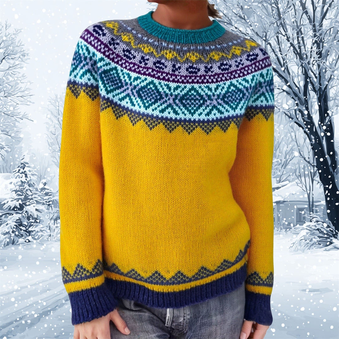 Women's gray marled round neck sweater with circular jacquard yoke and ribbed hem Mune Fashion