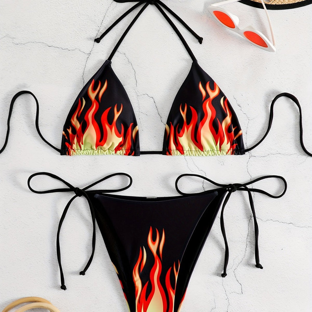 Women's Triangle Bikini with Fiery Motif Mune Fashion