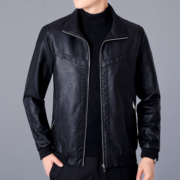 Men's Faux Leather Bomber Jacket in Aviator Look with Stand-Up Collar and Zipper Mune Fashion