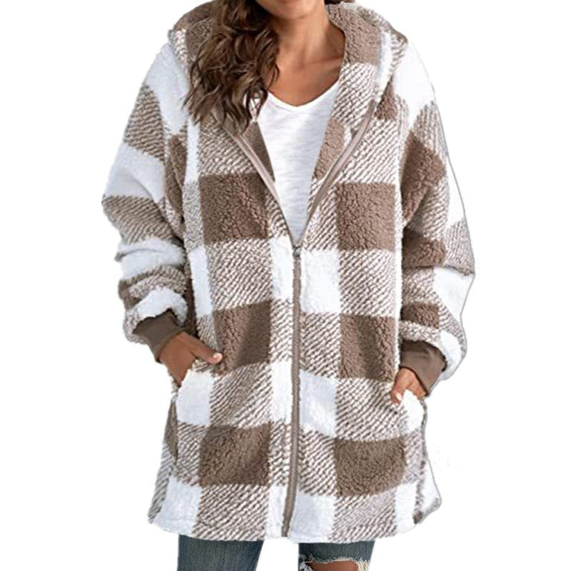 Women's Checked Teddy Fleece Coat with Hood and Zipper Mune Fashion