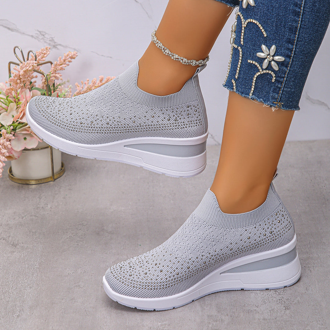 Women's Knit Slip-On Sneakers with Hidden Wedge and Glitter Application Mune Fashion
