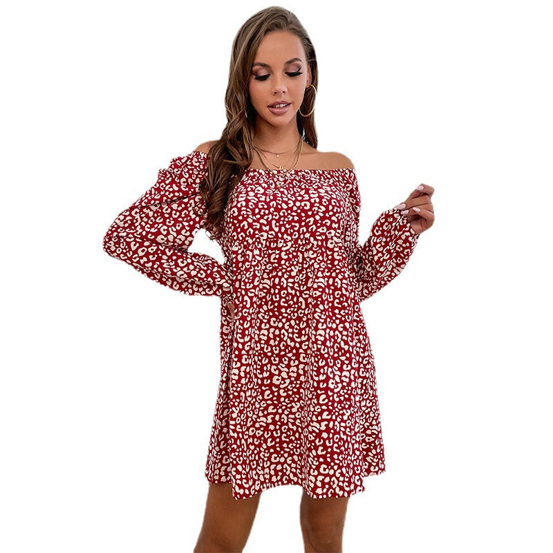Women's Off-Shoulder Babydoll Mini Dress with Animal Print, Ruched Top and Long Sleeves Mune Fashion