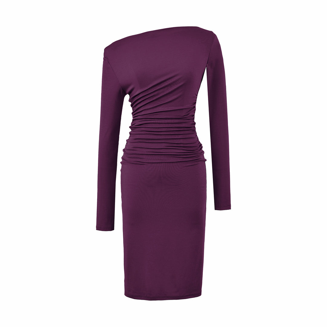 Women's Asymmetric One-Shoulder Midi Dress with Gathering and Long Sleeve Mune Fashion