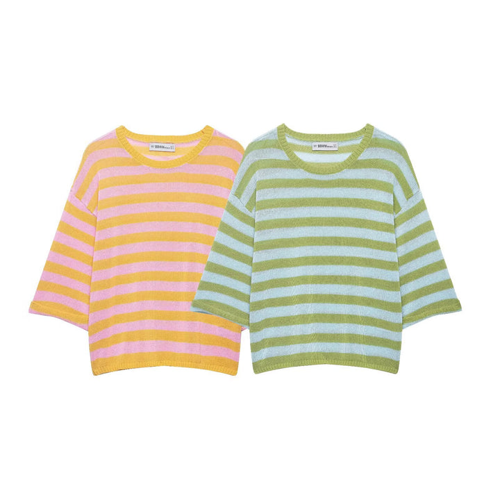Women's Light Striped Boxy Short Sweater with Dropped Sleeves Mune Fashion
