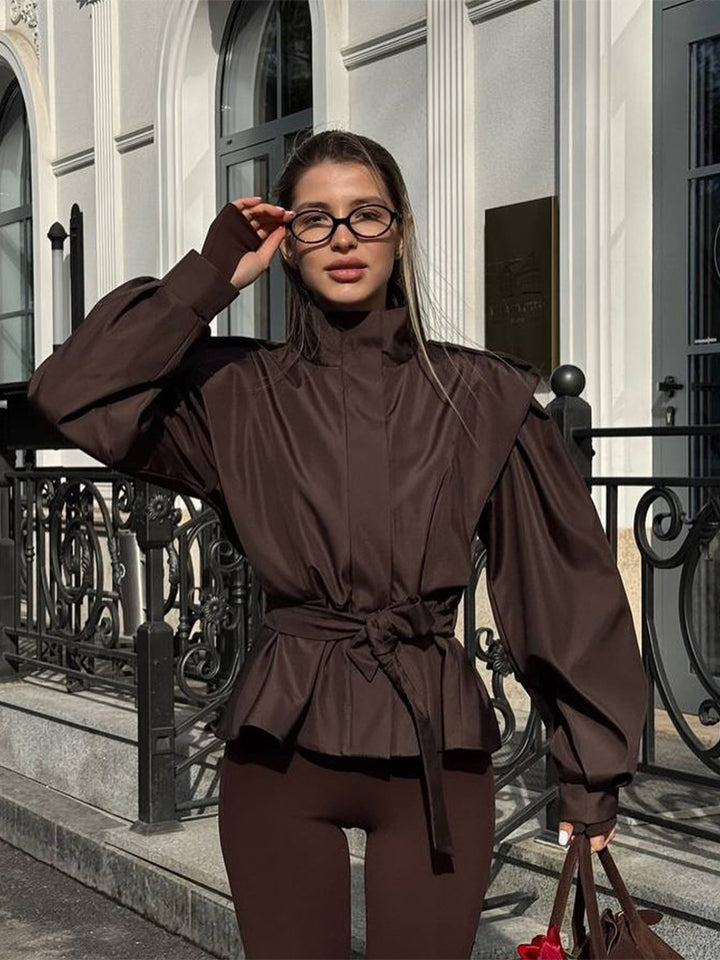 Women's Tailored Peplum Jacket with Tie Belt and Voluminous Sleeves Mune Fashion