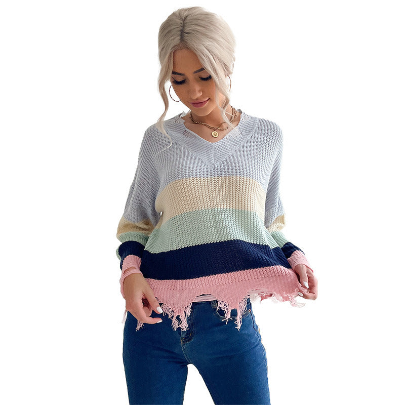 Women's Oversize V-Neck Knitted Sweater with Striped Design and Frayed Hem Mune Fashion