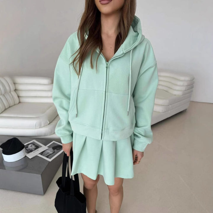 Women's Short Zip Hoodie with Pleated Mini Skirt Lounge Set Mune Fashion
