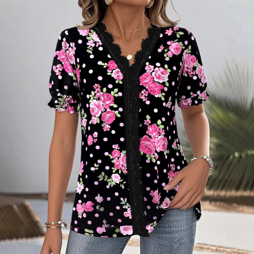 Ladies floral V-neck blouse with decorative lace trim and gathered short sleeves Mune Fashion