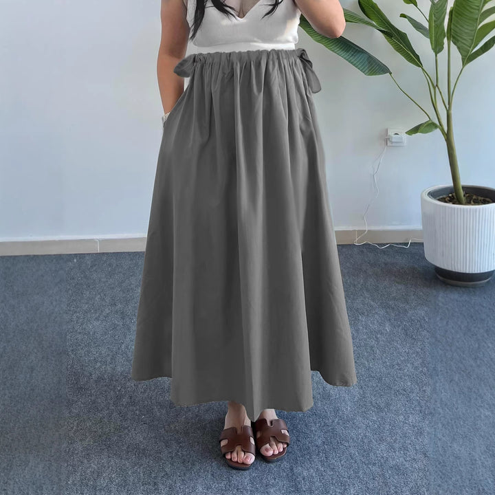 Women's Flowing Midi Skirt with High Smocked Waistband, Ties and Pockets Mune Fashion